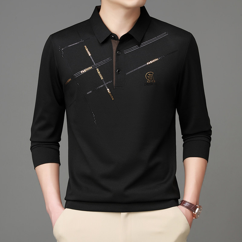 春秋季男士新款条纹长袖t恤中老年商务休闲翻领打底衫薄款Polo衫