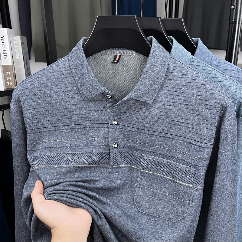 中老年长袖t恤男士春秋季翻领爸爸装polo衫宽松休闲真口袋打底衫