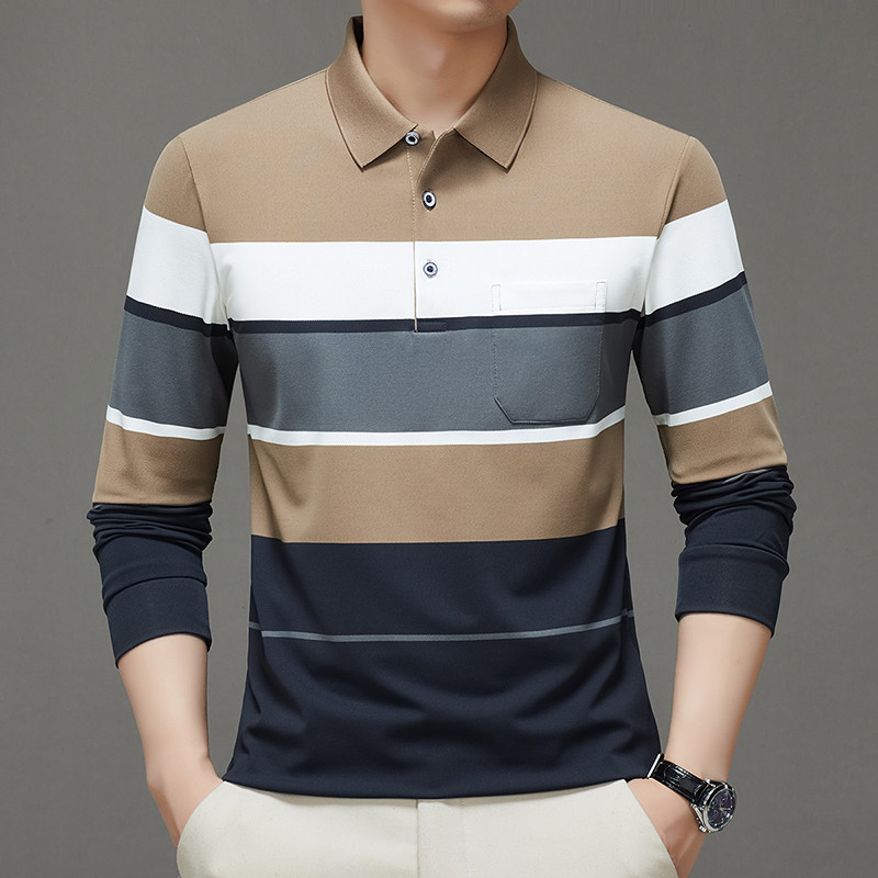 T恤男士长袖Polo衫春秋季薄款爸爸装条纹口袋休闲宽松打底衫上衣