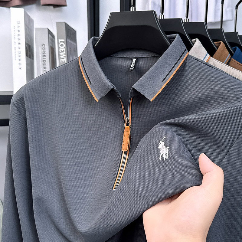 半拉链翻领高档刺绣长袖t恤男士春秋季冰丝薄款爸爸装休闲Polo衫