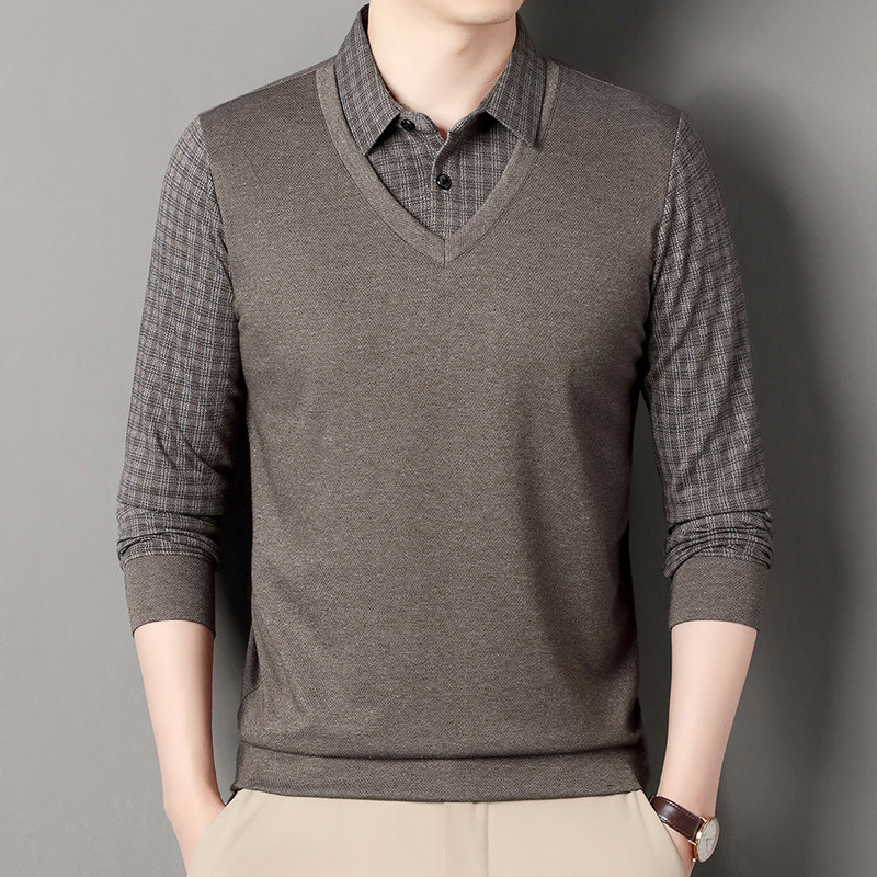假两件t恤男士长袖Polo衫春秋季中年爸爸装衬衫领休闲宽松打底衫,男装,中老年上装,淘宝优惠券,粉丝福利购,淘宝优惠卷