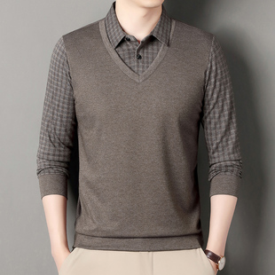 衬衫 春秋季 中年爸爸装 领休闲宽松打底衫 长袖 假两件t恤男士 Polo衫