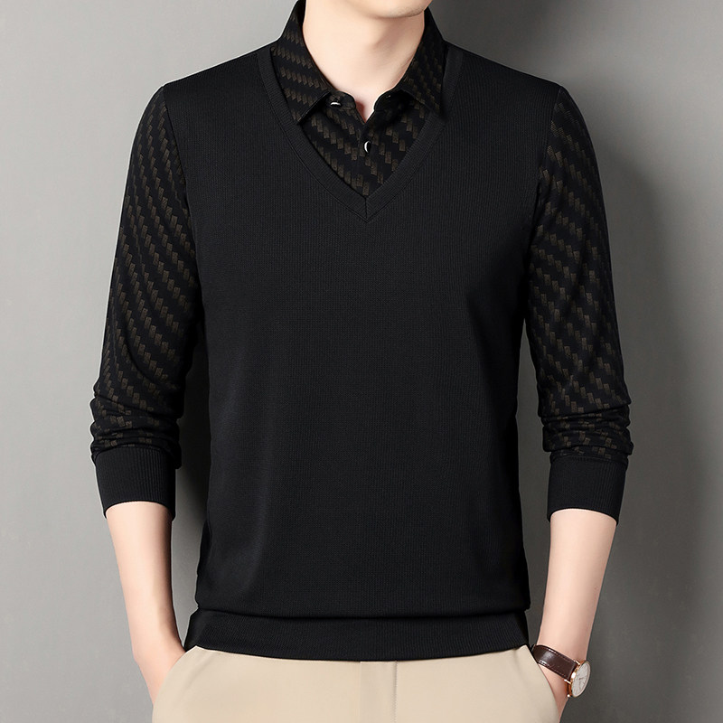 中年男士春秋季长袖t恤爸爸装商务休闲宽松衬衫领假两件Polo衫男,男装,中老年上装,淘宝优惠券,粉丝福利购,淘宝优惠卷