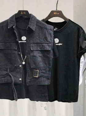 夏季工装牛仔马甲男装ins潮牌韩流无袖坎肩背心宽松休闲马夹外套