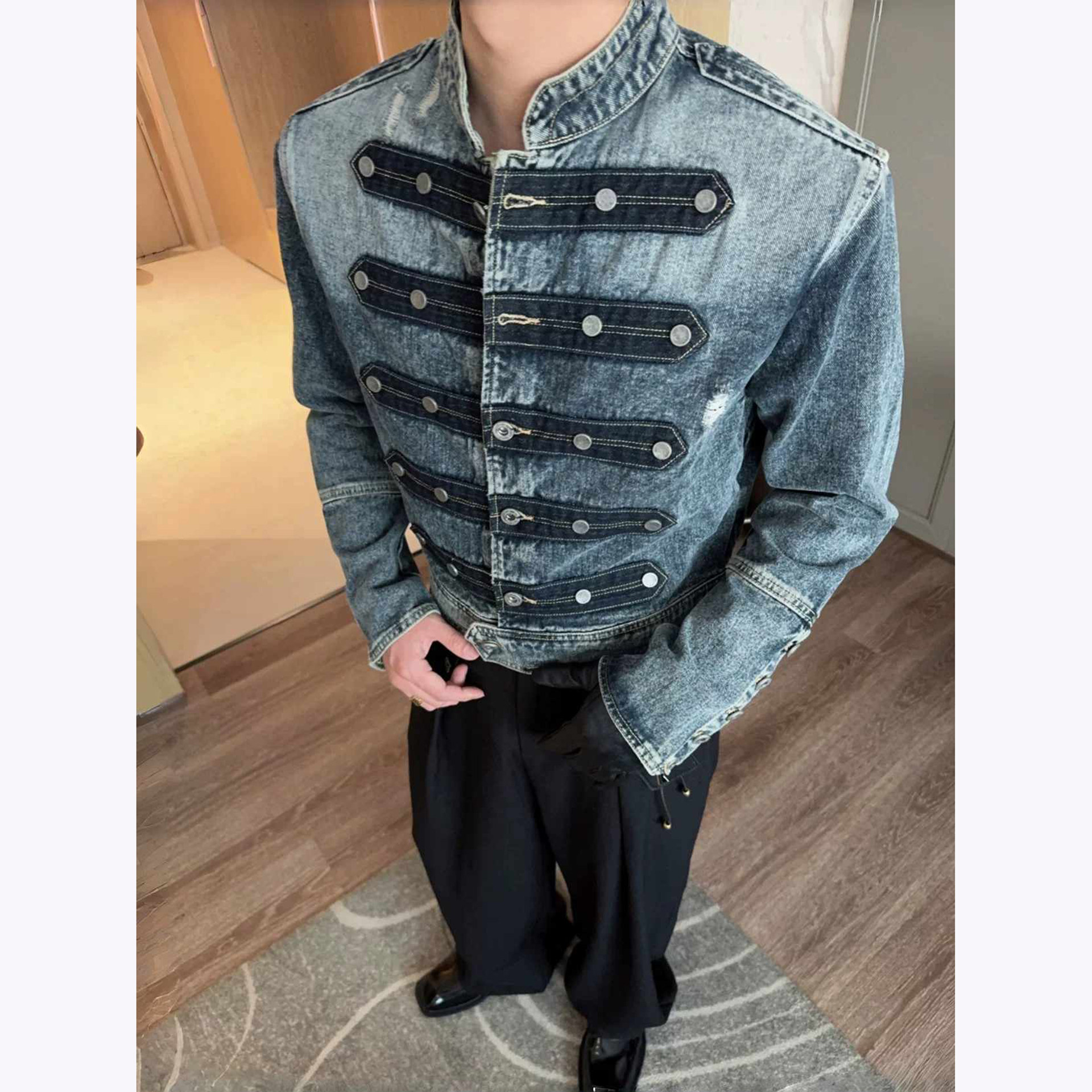 拿破仑复古短款宽松立领重磅宫廷做旧水洗牛仔外套男女高街牛仔衣