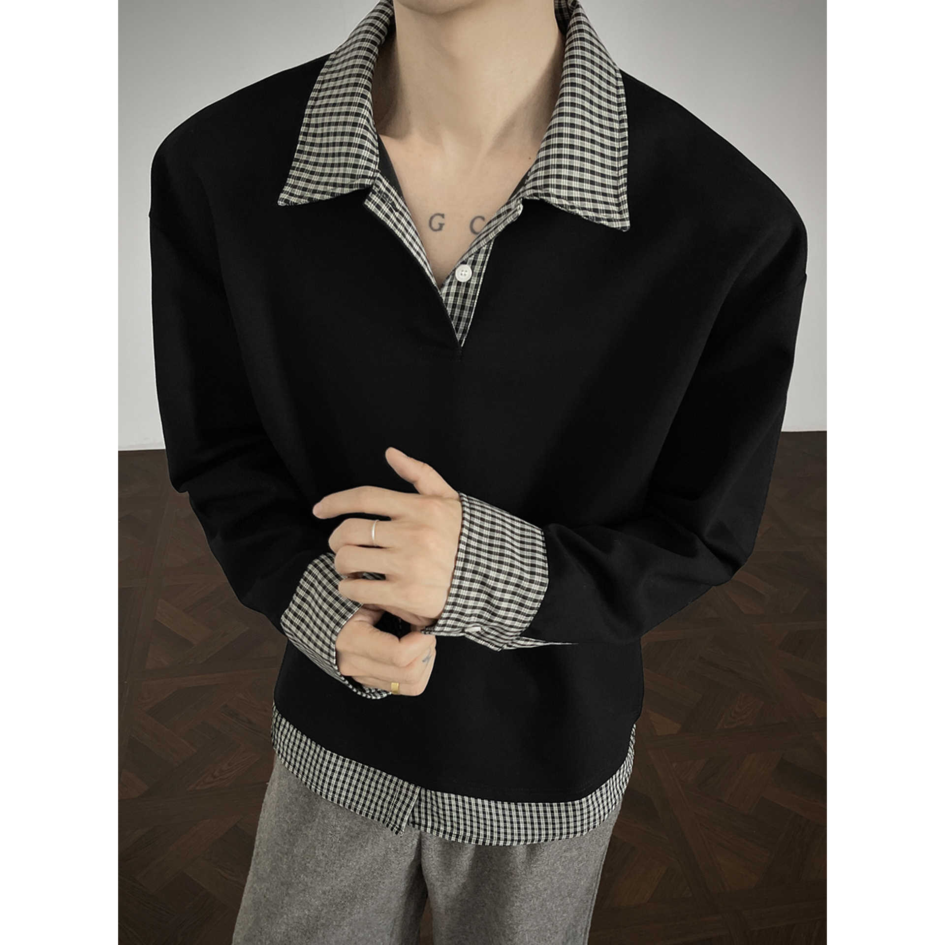 假两件格纹拼接Polo领卫衣男秋冬