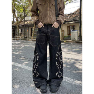 美式街头设计感反穿图腾刺绣牛仔裤男男原色弯刀宽松直筒长裤子潮
