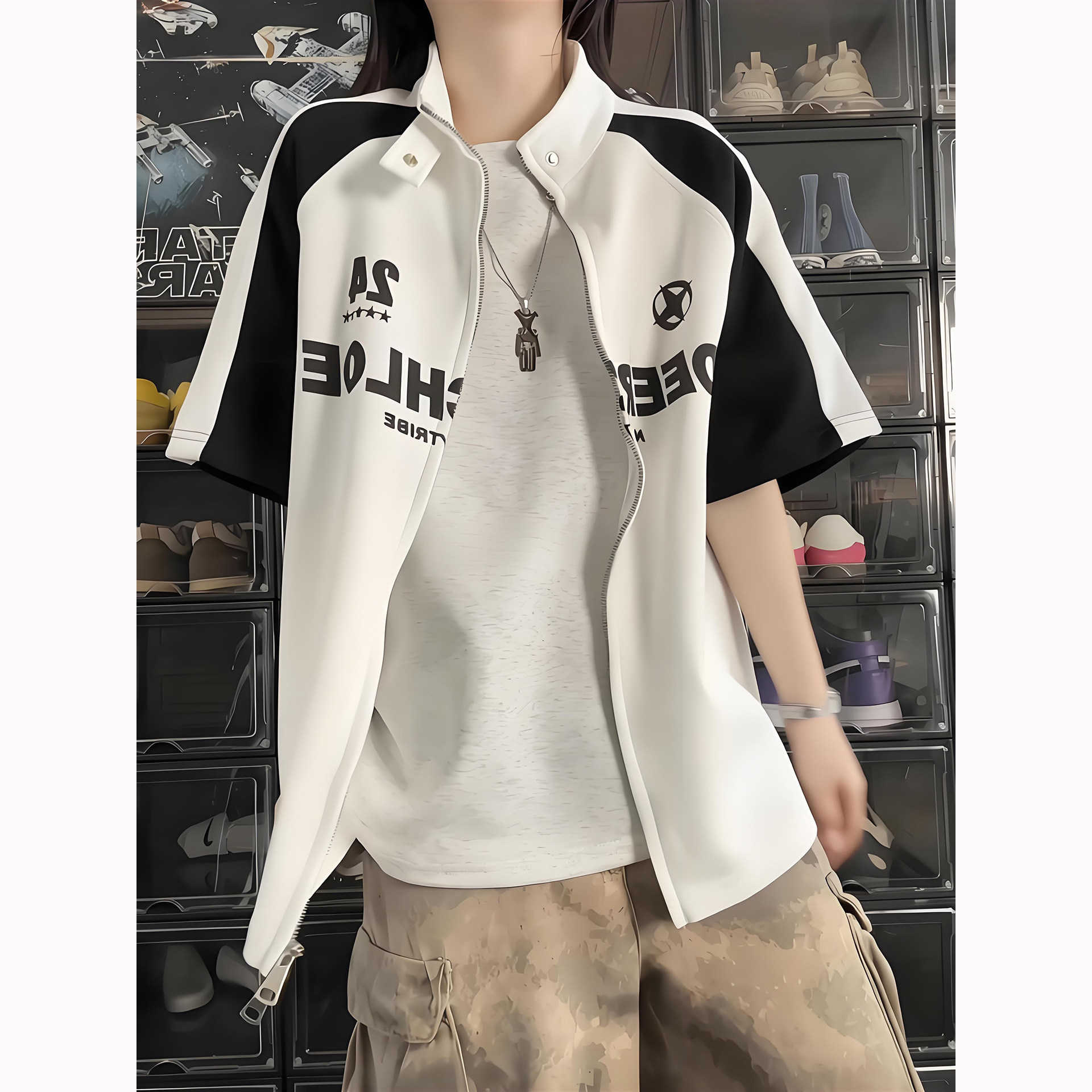 夏季美式机车双拉链立领男衬衫图片