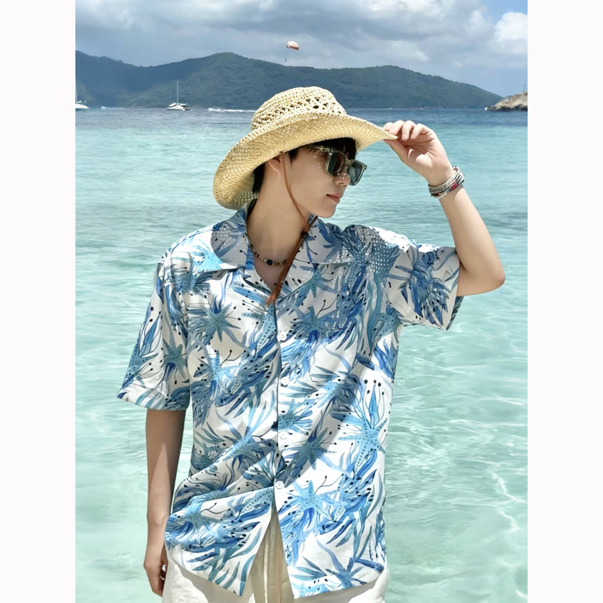 夏季男士碎花古巴领短袖花衬衫图片