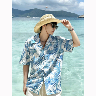 夏季碎花古巴领短袖花衬衫男海边度假风痞帅薄款夏威夷衬衣外套潮