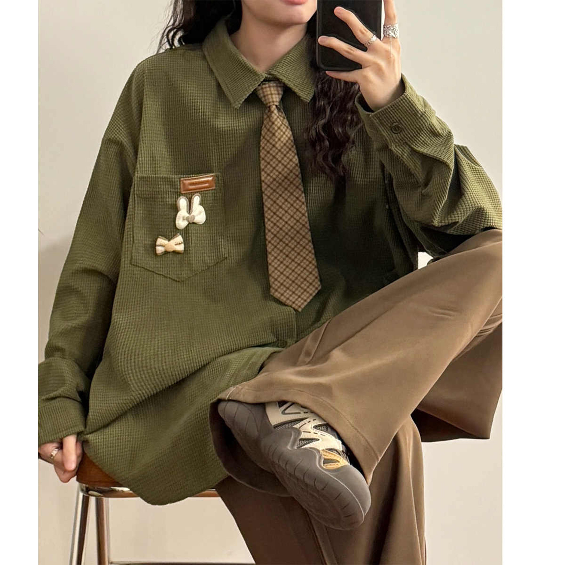 春秋季日系复古华夫格宽松长袖衬衫男女帅气设计感百搭衬衣外套潮,男装,衬衫,淘宝优惠券,粉丝福利购,淘宝优惠卷