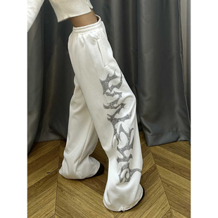 秋冬卫裤 男女垂感运动休闲裤 复古街头烫钻哥特字母宽松直筒裤 美式