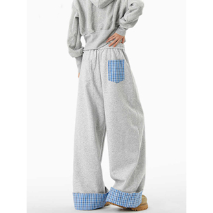 阔腿裤 美式 宽松休闲长裤 男女春夏松弛感阔腿裤 子 格子撞色直筒卫裤