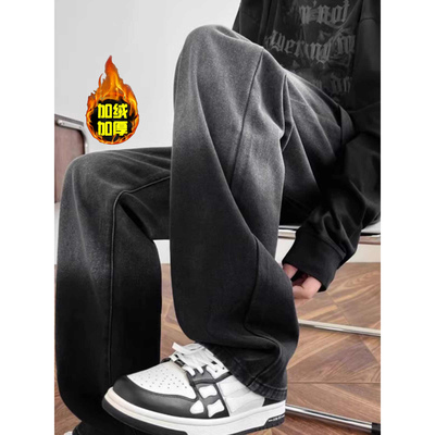 高街渐变黑加绒加厚男牛仔裤