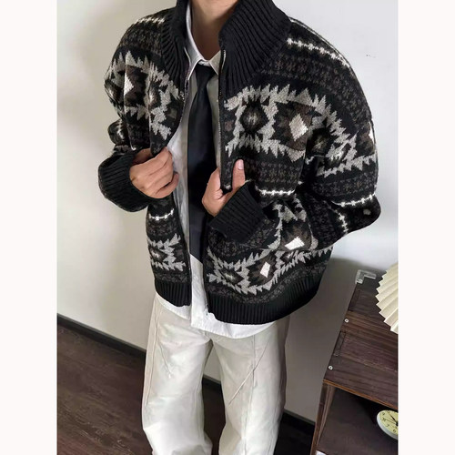 美式复古立领费尔岛提花开衫毛衣