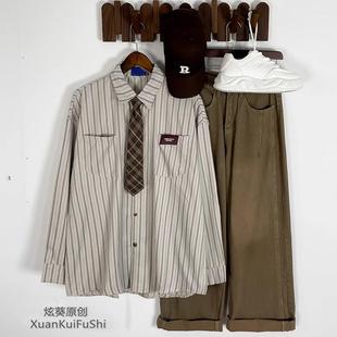 春秋季潮牌复古学院风条纹长袖衬衫男女宽松帅气ins情侣休闲衬衣