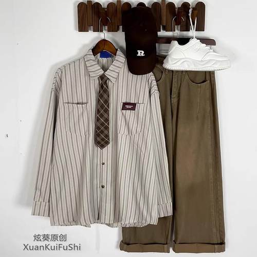 春秋季潮牌复古学院风条纹长袖衬衫男女宽松帅气ins情侣休闲衬衣