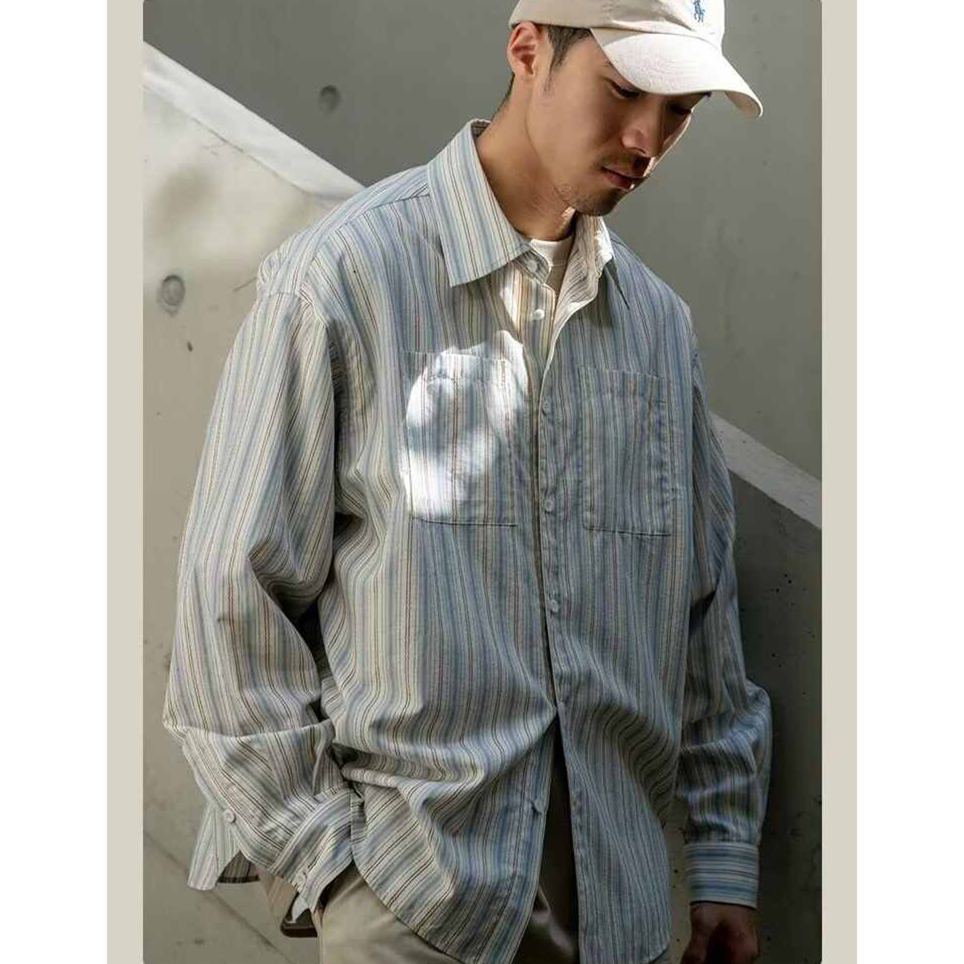 日系原宿风复古条纹翻领衬衫男女春秋季宽松痞帅长袖衬衣薄款外套
