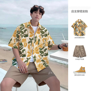 海边度假穿搭夏季树叶满印冰丝花衬衫男短袖衬衣短裤大码沙滩套装