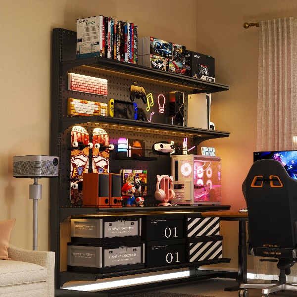 立式洞洞板置物架落地电竞房间免打孔电脑桌面改造装饰金属收纳架