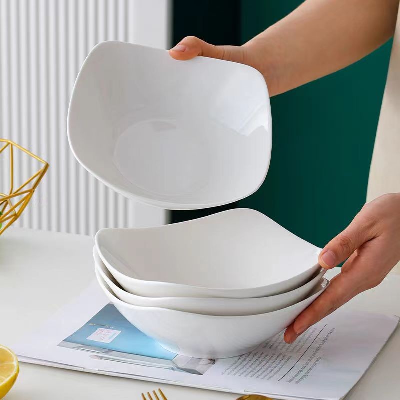 四角盘子家用陶瓷简约8英寸大号沙拉碗盘水果盘翘脚盘子纯白餐具