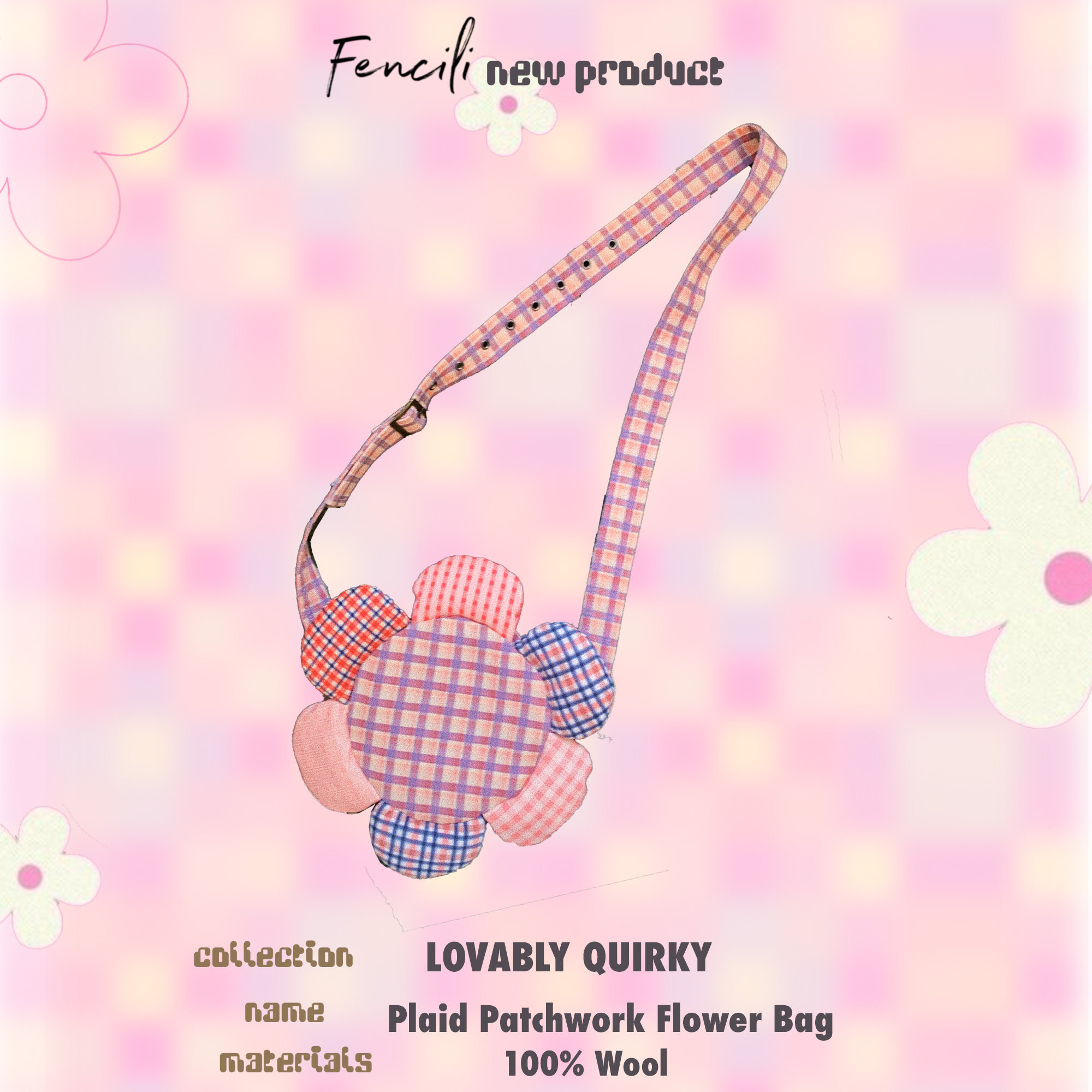 Fencili 可爱格子拼布花时尚帆布包