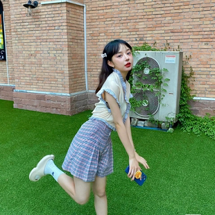 fencili 高腰原创格子甜美运动风少女感三分裤 宽松百搭休闲短裤