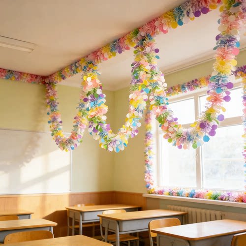 马卡龙毛条装饰幼儿园学校小学教室开学季生日拉花彩带场景布置用