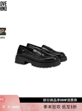 【礼物低至5折】Love Moschino 女士黑色一脚蹬乐福鞋皮革厚底鞋