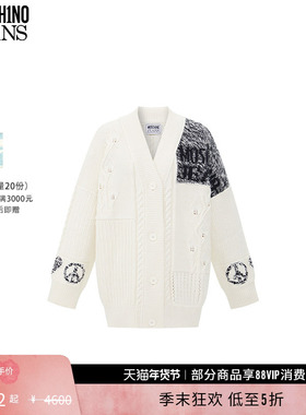 【礼物低至5折】M05CH1N0 JEANS 女士V领复古印花撞色针织开衫