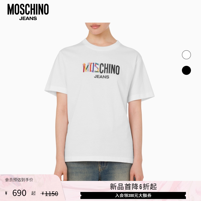 【新品首降】Moschino Jeans  女士logo印花棉质T恤圆领短袖上衣