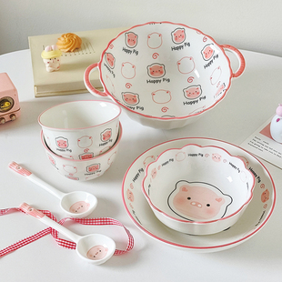 釉下彩可爱猪猪陶瓷家用餐具碗碟盘套装手把碗米饭碗一人食餐具