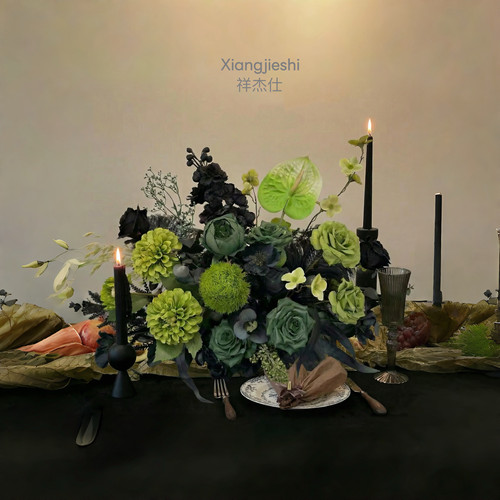 酒店大圆桌中间摆花仿真假花电动转盘装饰品摆件餐桌包厢景观桌花