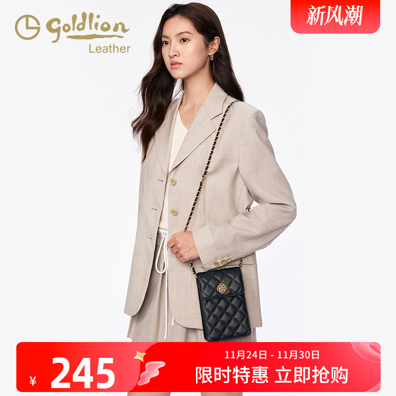 金利来时尚真皮女包2025新款单肩斜挎手机包黑色菱格小香风链条包