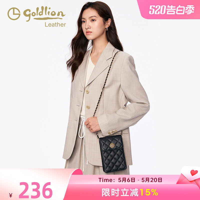 金利来时尚真皮女包2026新款单肩斜挎手机包黑色菱格小香风链条包