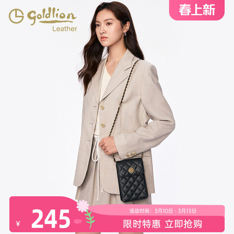 金利来时尚真皮女包2026新款单肩斜挎手机包黑色菱格小香风链条包