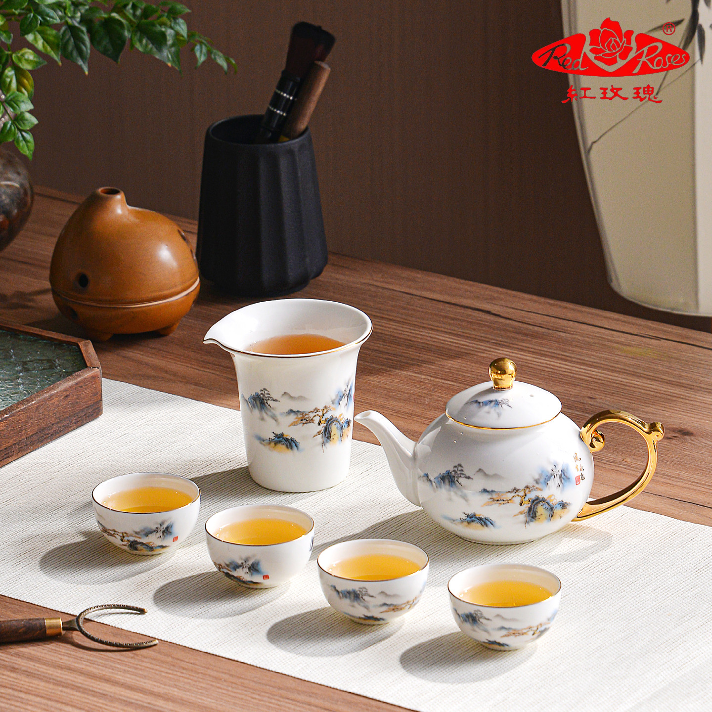 唐山红玫瑰骨瓷新中式山水画茶具套装包金边装饰茶壶茶杯家用整套