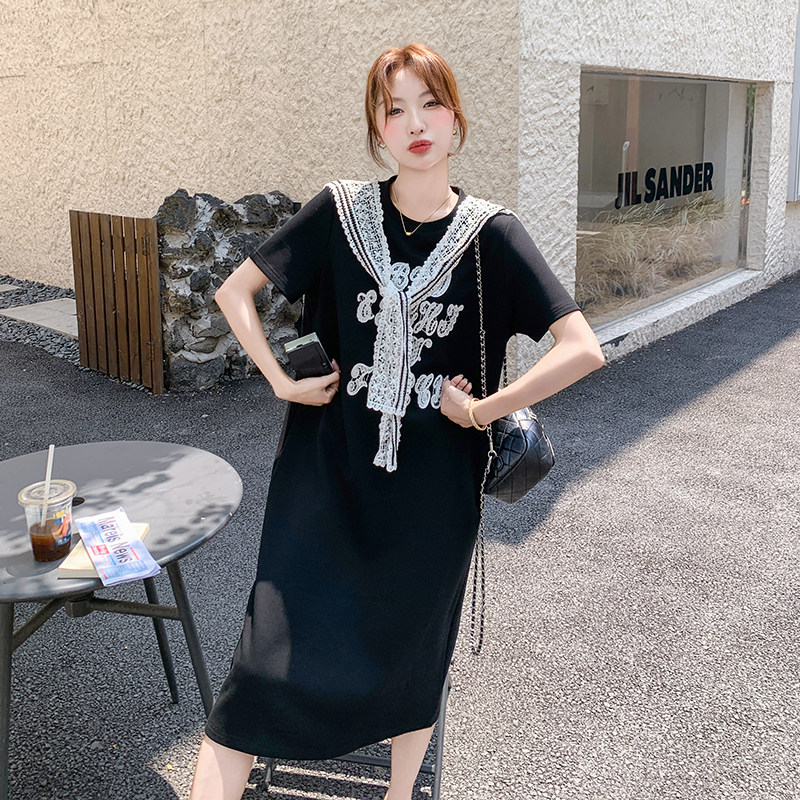 法式拼接长裙T恤裙夏季连衣裙宽松辣妈减龄大码时尚图片