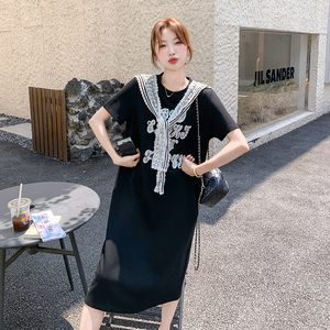 法式拼接长裙T恤裙夏季连衣裙宽松辣妈减龄大码时尚图片