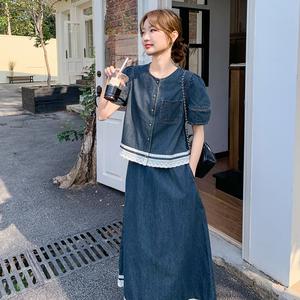 又a又飒牛仔套装女夏2025新款显瘦减龄蕾丝花边上衣半身裙两件套图片