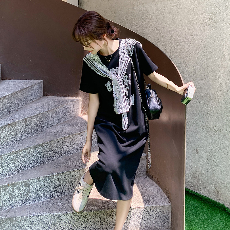 法式拼接长裙T恤裙夏季连衣裙宽松辣妈减龄大码时尚,女装连衣裙,2C293