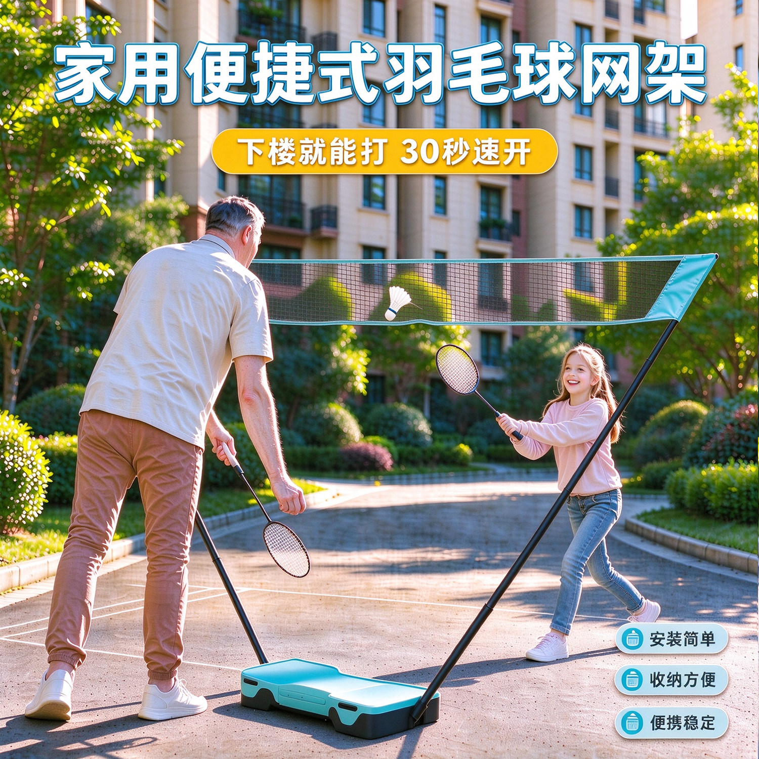 羽毛球网架便携式家用训练支架户外简易移动标准折叠式网架快开网