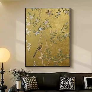 喜上眉梢中古风客厅装饰画艺术花鸟图喜鹊金色壁画入户门玄关挂画