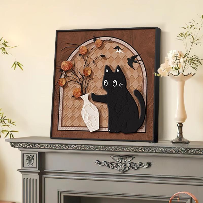 中古风猫咪客厅装饰画电视机柜摆件画餐厅边柜壁画高级感床头挂画图片