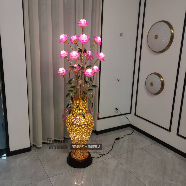 寺庙佛堂供奉佛像灯金元宝 家居别墅客厅水晶落地灯 紫莲花瓶摆件