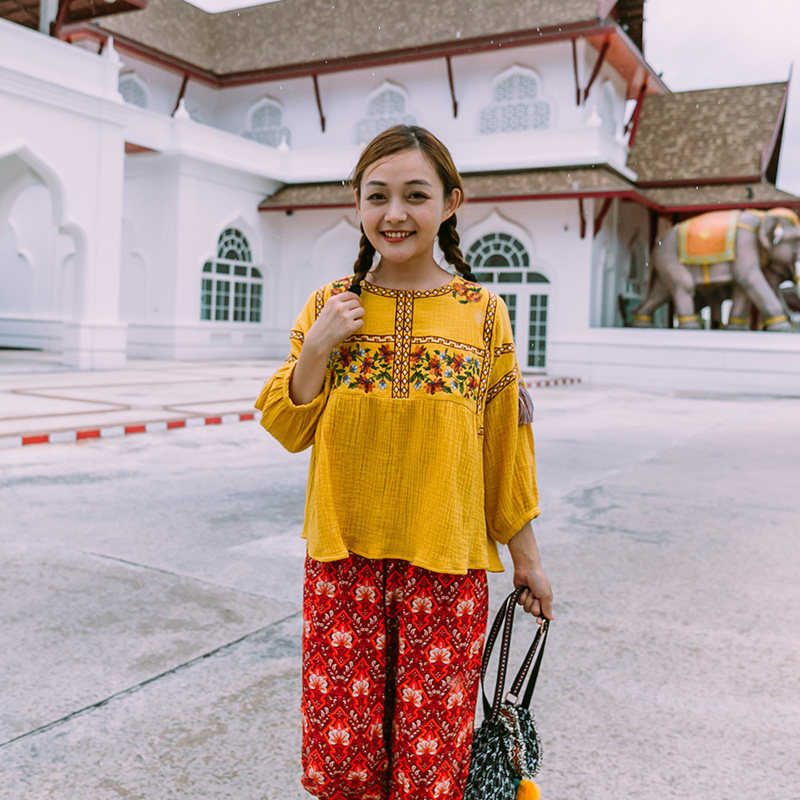 短短假日 民族风刺绣流苏灯笼袖宽松女式棉衬衫七分袖可爱小上衣|ruв категории Женская одежда, рубашка - от Buy2taobao.com для оказания профессиональной услуги покупки агента Taobao