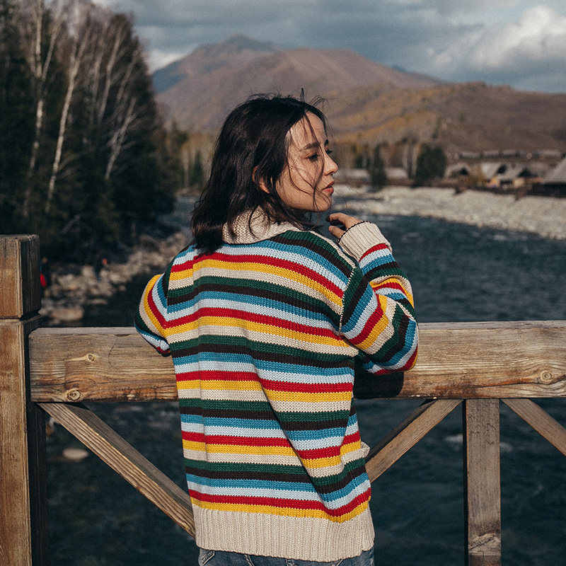 溫暖複古彩虹條紋毛衣開衫 撞色寬松慵懶風翻領針織上衣外套秋季在類目 女裝/女士精品, 毛衣中 - 來自Buy2taobao.com提供專業的淘寶代購服務