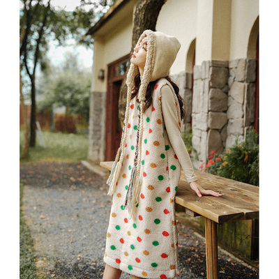 日系A字裙仿羊羔毛波点背心裙