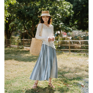 短短假日波西米亚复古拼色格子半身裙刺绣蕾丝拼接高腰显瘦A字裙