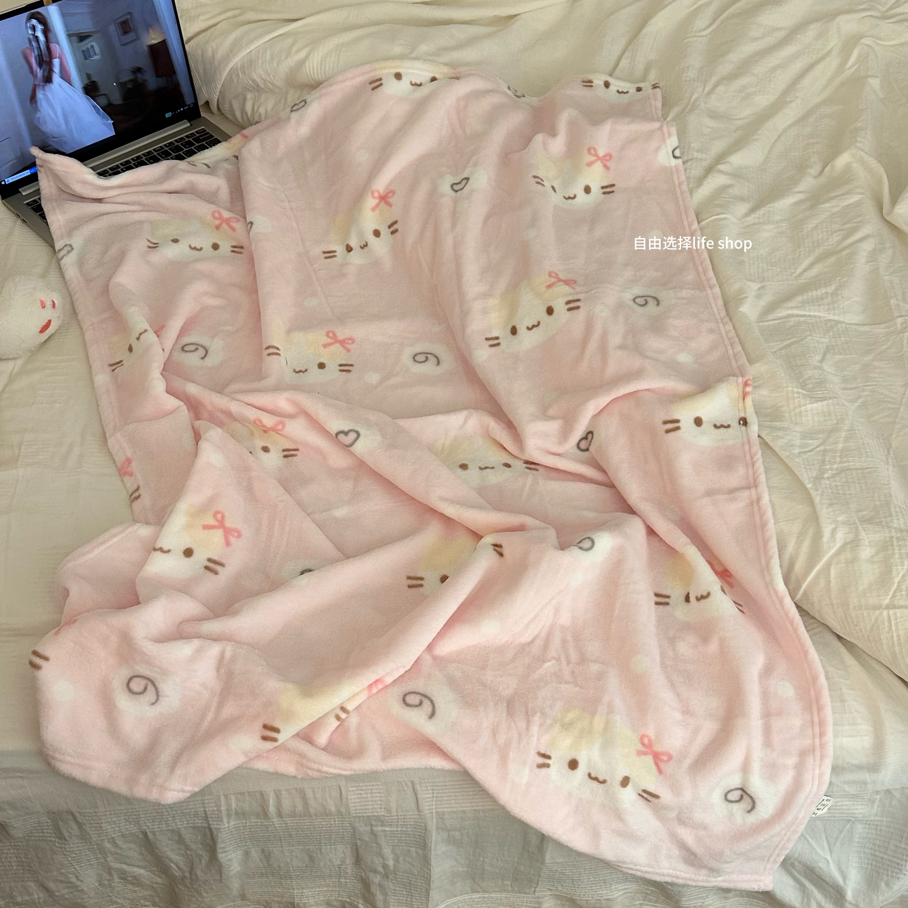 卡通少女棉花糖猫小毛毯盖毯午睡毯空调房披肩柔软舒适保暖女